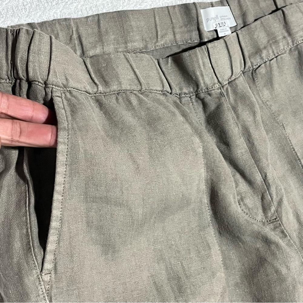 Pure Jill Dyed Linen Pull On Roll Tab Pants M Olive Elastic Waist 35x29 Flaw - Picture 4 of 14